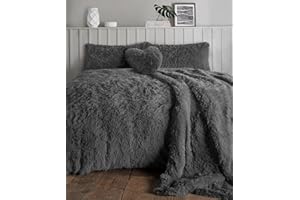 LIZZIE JACOBS Cuddles Fluffy Fur Fleece Luxurious Duvet Cover Sets Super Soft Warm Cosy Snuggle Long Pile Fleece Quilt Cover Sets Reversible Bedding Sets (Double, Charcoal)