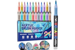 Huifoo Zestaw pisaków akrylowych z 24 kolorowymi końcówkami pędzelkowymi, akrylowymi markerami do kamieni, drewna, ceramiki i szkła, farby akrylowe, do majsterkowania, sztuki