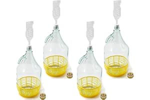 WYSKONT Enghals Ballonflasche mit Schraubverschluss, Schutzkorb, Luftschleuse und Stopfen für die Weinherstellung, Gärung, Getränkeaufbewahrung, aus transparentem Glas, 4 Stück x 5 l