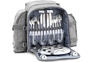 ‎CAMPFEUER CampFeuer Picknickrucksack für 4 Personen | Picknickset 32-teilig | grau | mit Flaschenhalter, Picknickdecke, großem Kühlfach, Geschirr und Besteck | Rucksack mit Campinggeschirr, Picknickset
