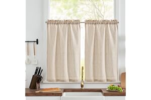 TOPICK Taupe Striped Kitchen Curtains 24 Inch Drop Small Cafe Curtains Light Filtering Short Tier Curtain for Bathroom Cupboard Baset Sink RV Half Window Rod Pocket 2 Panels