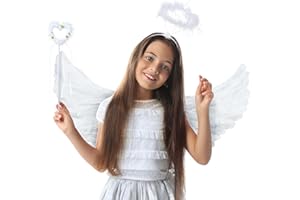 Balinco Engel Kostüm, Heiligenschein, Engelsflügel, Zauberstab, Federflügel Verkleidung, Weiß, Weiss, Mädchen Set, Karneval, Fasching, Halloween