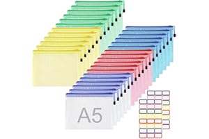 ‎NEWOFVIEW 30stk Dokumententasche A5 mit 48stk Etiketten Selbstklebend, Beutel mit Reißverschluss Taschen Bunte Taschen für Dokumente Mesh Kunststoff Dokumententasche für Datei, Dokumente, Kosmetika