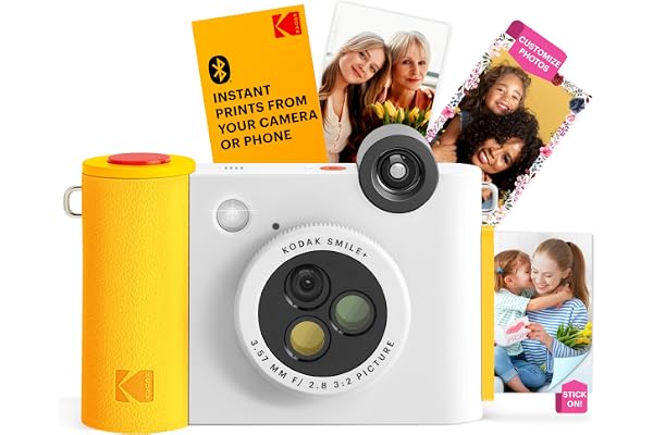 Kodak Smile+ Appareil Photo numérique à Impression instantanée 2 en 1 et imprimante Photo sans Fil Bluetooth – 10 MP, Objectif à Effet Rotatif spécial, Photos Autocollantes Zink 2 x 3 – Blanc