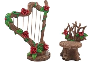 GlitZGlam Set de Harpa con Rosas en Miniatura y Silla a Juego para Jardín de Hadas – Accesorio de Jardín en Miniatura para Estatuillas de Hadas