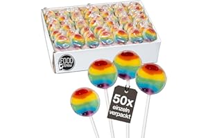 ‎FOOD CREW FOOD crew 50x Regenbogen Lollies - 400g Lutscher Bunt - Regenbogen Süßigkeiten - Vegan mit Natürlichen Aroma & Farbstoffe - Regenbogen Lolli für Candy Bar Kindergeburtstag oder Tischdeko Regenbogen