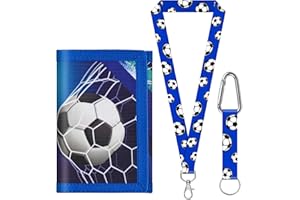 sundee Kids Soccer Wallet for 3-18 Years, Trifold Canvas Football Wallet with Neck/Wrist Lanyard, Card Holders & Coin Pocket(Blue A)