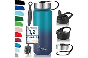 Milu Borraccia Termica Acciaio Inox – 500ml, 750ml, 1000ml (+3 coperchi) - Bottiglia Acqua Termos Senza BPA, Isolato Sottovuoto, A Prova di Perdite Anche per Acido Carbonico (Blu Verde, 500ml)