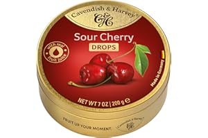 ‎CAVENDISH & HARVEY Cavendish & Harvey Sour Cherry Drops 200g Dose | Kirsche | Fruchtige Hartkaramelle Bonbons | Mit echtem natürlichen Fruchtsaft | Vegan, Halal, Koscher | 1 x 200g