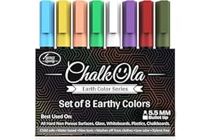 CHALKOLA Chalk Pens - Pack of 8 Earth Colour Markers - Use on Whiteboard, Chalkboard, Window, Blackboard, Bistros Glass - 6mm Reversible Bullet & Chisel Tip