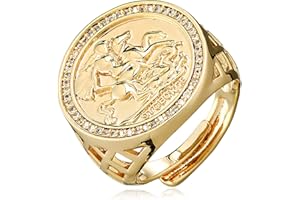 THE BLING KING 18k Gold St. George Sovereign Ring with Stones, Adjustable with 18K Real Gold Plating, Premium Fashion Unique Jewellery Gift for Men and Teens (Size 10 - Adjustable to Fit Various Sizes)