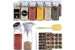 Ferghana Square Spice Jars Set, 12 x 120 ml Spice Jars Set, Spice Jars with Shaker Insert, Labels, Cleaning Brush, Funnel, Pen, Strong Sealing Spice Organiser, Spice Shaker, Spice Container