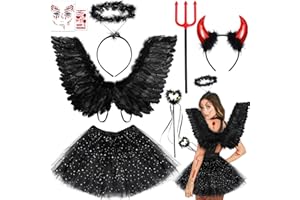iZoeL Halloween Angel Costume Women Devil Costume Women, Angel Wings Halo Devil Wings Devil Horns And Fork Black Tutu- Womens Halloween Costume Girls - Carnival Accessories