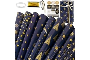 FLOFIA Hoja Regalo Navidad Cumpleaños, Papel de Regalo Navidad, Hoja Papel Regalo Envolver para Navidad, 8 Estilos Papel Kit Pegamento Doble Cara/Cinta de Tela/Pegatinas de Sellado/Cuerda Elástica
