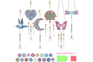 Vyuwast 6 PCS Diamond Art Wind Chimes 5D Diamond Art Painting Suncatcher Kits, DIY Diamond Wind Chime Keychains Ornaments with Crystal Pendant Crafts for Garden Home Decor