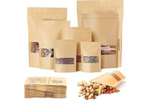 LONELY HIGH HEELS 25 sztuk torebek z papieru typu kraftowego, z okienkiem, 30 x 20 cm, wielokrotnego użytku, torebki na ciastka, papierowe torebki na orzechy, ziarna kawy, liście herbaty, słodycze, przekąski, 25 sztuk