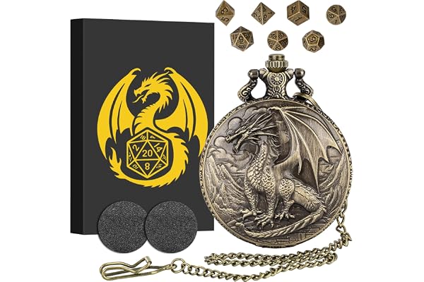 Mini DND Lot de Dés Steampunk Dragon Debout Coquille de Montre de Poche, 7 Pièces Dés, Jeu de Dés D&D en Métal Polyédrique, Cadeaux DND avec Boîte, Accessoires de Jeux de Société de Rôle, Bronze