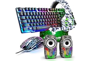 LEXON TECH Teclado para Juegos con retroiluminación arcoíris con Cable+Ratón para Juegos LED con Arco Iris óptico de 2400 dpi+Auriculares para Juegos+Parlantes RGB+Alfombrillas para Mouse para computadora/PC