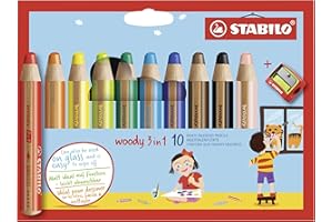 Crayon de Couleur STABILO woody 3in1 - Etui carton de 10 Crayons de Couleurs Enfant, Crayon Large à Mine XXL, Couleurs Assorties, Taille-crayon inclus