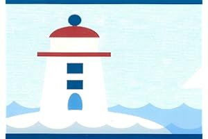 Dundee Deco BD6236 Prepasted Wallpaper Border - Nautical Blue, White, Red Sailboats, Lighthouse Wall Border Retro Design, 15 ft x 6 in (4.57m x 15.24cm)