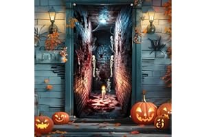 GOVPY Happy Halloween Tür Deko Banner, Große Halloween Türabdeckung, Blau Stoff Skeleton Korridor Hängende Türdeko Hintergrund Schild Banner für Innen Draußen Halloween Party Spukhaus Wand Deko, 90 X 185 cm