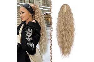 FESHFEN Ponytail Cheveux Naturel Pince Ponytails Extension Longue Bouclée Ondulée Postiche Queue de Cheval Extension Blonde & Blonde Cendrée Mélangées Synthétique Rajout Cheveux pour Femmes 65 cm
