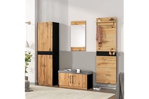 ModernLuxe Garderoben Set 4-teilig mit Spiegel und Sitzbank, Garderobenmöbel, Stylishe Kompaktgarderobe mit 4 Kleiderhaken, Stangen und Ablage, Praktischer Wandgarderobe
