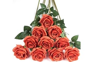DuHouse 10Pcs Artificial Roses Fake Silk Flowers Realistic Bridal Bouquets with Single Long Plastic Stems for Arrangement Wedding Table Centerpiece Party Home Decor(Coral)