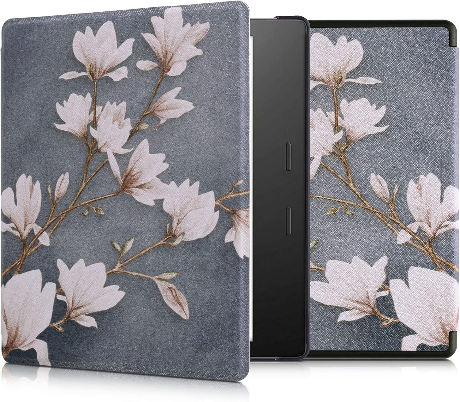 kwmobile Cover for Amazon Kindle Oasis 10. Generation Case - eReader Cover with auto sleep funktion - White Flowers with White/Black