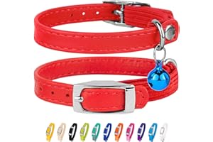 CollarDirect Collier pour Chat et Chaton en Cuir, Collier de Sécurité avec Sangle Elastique et Cloche Noir Bleu Rouge Orange Vert Lime (Rouge, 15-18 cm)