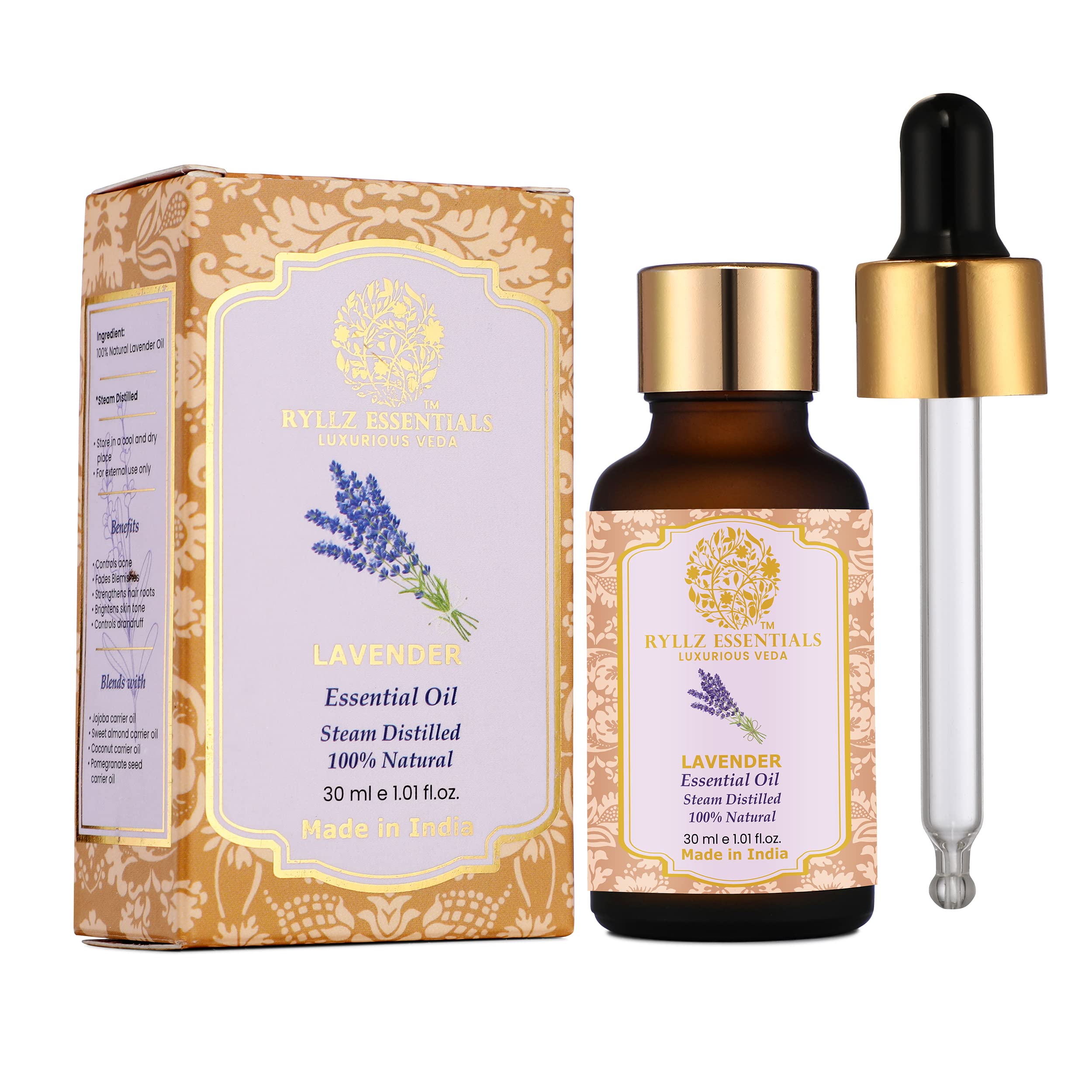 RYLLZ ESSENTIALS Lavender Essential Oil With Glass Dropper | 100% Pure & Natural | Steam Distilled (30ml)