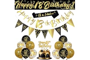 BALLOON GARLAND 18th Birthday Decorations Set, 18Pcs Black and Gold Birthday Party Supplies with Happy 18th Birthday Banner, Triangle Flags, Sash, Black Gold Balloons Kit for Boys and Girls 18th Birthday Party