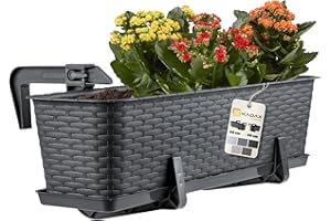 KADAX Jardinière Suspendue Extérieure 60 cm, Balconnière en Plastique Aspect Rotin avec Supports de Fixation Intégrés et Soucoupe (Anthracite)