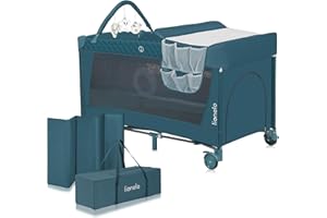 lionelo FLOWER Lettino da campeggio neonato Dalla nascita fino a 36 mesi, Pieghevole, Duo livelli, Entrata laterale, con Matteraso, Fasciatoio, Portaoggetti, Giocattoli pendenti, Borsa