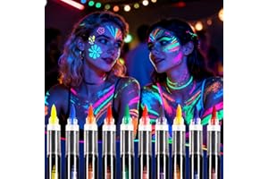 Oiomniv 10 Farben UV Schwarzlicht Stifte, Neon Schminke Glow in the Dark Face & Body Paint, Fluoreszierende Tattoo Marker, Hautfreundlich Wasserfest Bodypainting Set für Festival, Party