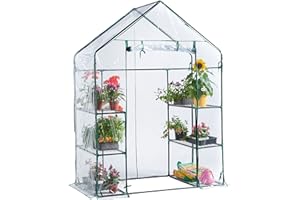 VonHaus Walk In Greenhouse – Compact Green House with 6 Shelves and Weatherproof PVC Plastic Cover – Plant House for Garden and Outdoor – Roll up Zip Panel Door – Easy No Tool Assembly