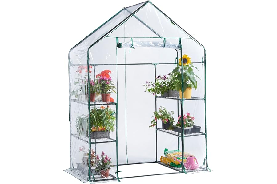VonHaus Walk In Greenhouse – Compact Green House with 6 Shelves and Weatherproof PVC Plastic Cover – Plant House for Garden and Outdoor – Roll up Zip Panel Door – Easy No Tool Assembly