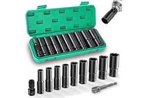 ZEXUPORIUM 11 Pièces Douille à Choc 1/2, 10-24mm Coffret Longue, Clé à Choc et 2 Adaptateurs pour Réparation de Voiture