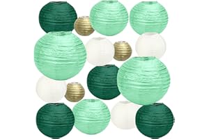 HONMOK 16pcs Linternas de papel Verde Oro Blanco Linternas de papel redonda colgante Farolillos de papel celestiales Decoración de fiesta boda jardín Ducha nupcial Cumpleaños primavera aniversario DIY