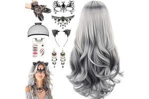 DFADKYWU Halloween Perücke Damen, Lange Gewellt Silber Grau, Hexenperücke Gotisch Halskette Armbänder, Perücke, Perücke Damen Grau, für Halloween, Karneval, Maskerade und Cosplay