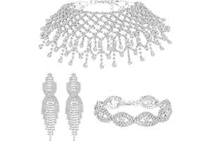 Kakonia Rhinestone Jewelry Set for Women Rhinestone Choker Necklace Crystal Rhinestone Bracelet Tassel Dangle Earrings Silver/Gold/Rose Gold/Black Jewelry Set For Wedding Party