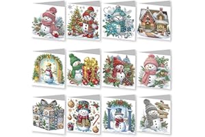 Vidillo 12Pcs Diamond Painting Christmas Cards, 5D DIY Christmas Diamond Art Cards Handmade Crystal Christmas Greeting Card Kits Christmas Scene Seasonal Cards with Envelopes Craft Gifts (Snowman)