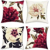 Bonhause Juego de 4 Funda de Cojín Flores de Peonía 45 x 45 cm Roja y Beige Poliéster Lino Fundas de Almohada para Cojines De