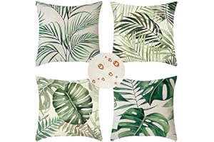ZOULILE Extérieur Housses de Coussin 45x45 cm Lot de 4 Housse Coussin Vert Housse Coussin Canapé Feuille Coussin Extérieur Imperméable Lin Coussin Canapé Carré Decoratif pour Chambre Canapé Chaise Lit Jardin