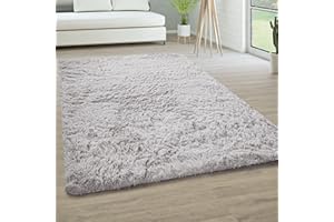 Paco Home Tappeto Salotto Pelo Lungo Soggiorno Pelliccia Finta Shaggy Morbido Monocolore, Dimensione:140x200 cm, Colore:Argento