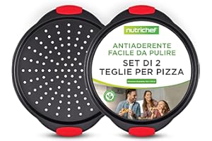NutriChef Set da 2 Teglie da Forno Antiaderenti per Pizza da 33 cm, Teglie Forno Rotonde in Acciaio al Carbonio con Fori Perforati, Teglia per Pizza con Manici in Silicone, Lavabili in Lavastoviglie