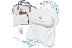 CLAESSONLIVING Cuscino Vasca da Bagno (41x41cm) - Cuscino per Vasca con Poggiatesta Sostiene Collo, Schiena e Testa - 6 Forti Ventose per Fissarlo - Include Borse per Lavaggio e da Viaggio - Blanco