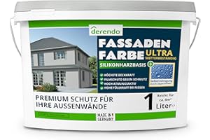 derendo Silikonharz Fassadenfarbe grau mit ULTRA Wetterschutz 1l, Abperleffekt wie beim Lotus Blatt, inkl. Schutz vor Verunreinigungen durch hochwertige Silikonharz-Beschichtung, Hellgrau 15-56