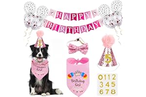 VIPITH Dog Birthday Bandana, Triangle Cotton Scarf with Cute Doggie Birthday Party Hat, Great Puppy Outfit, Gift and Party Decoration Set (Pink(with banner))