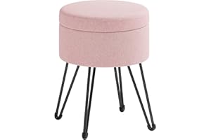 SONGMICS Puff Almacenaje, Baul Almacenaje, Banco Almacenaje Redondo, Taburete de Tocador, 39 x 44,1 cm, 4 Patas de Metal, Asiento Acolchado, Rosa Jalea LOM002R01